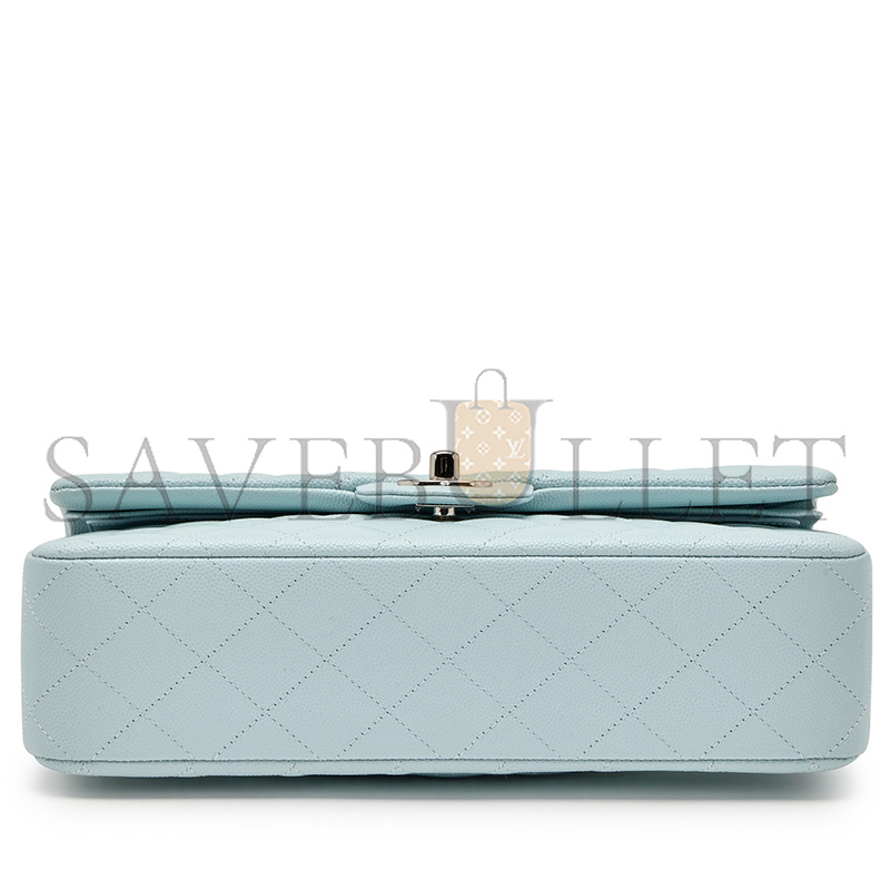 CHANEL MASTER PALE BLUE QUILTED CAVIAR MEDIUM CLASSIC DOUBLE FLAP SILVER HARDWARE A01112 (25.5*15*7cm)
